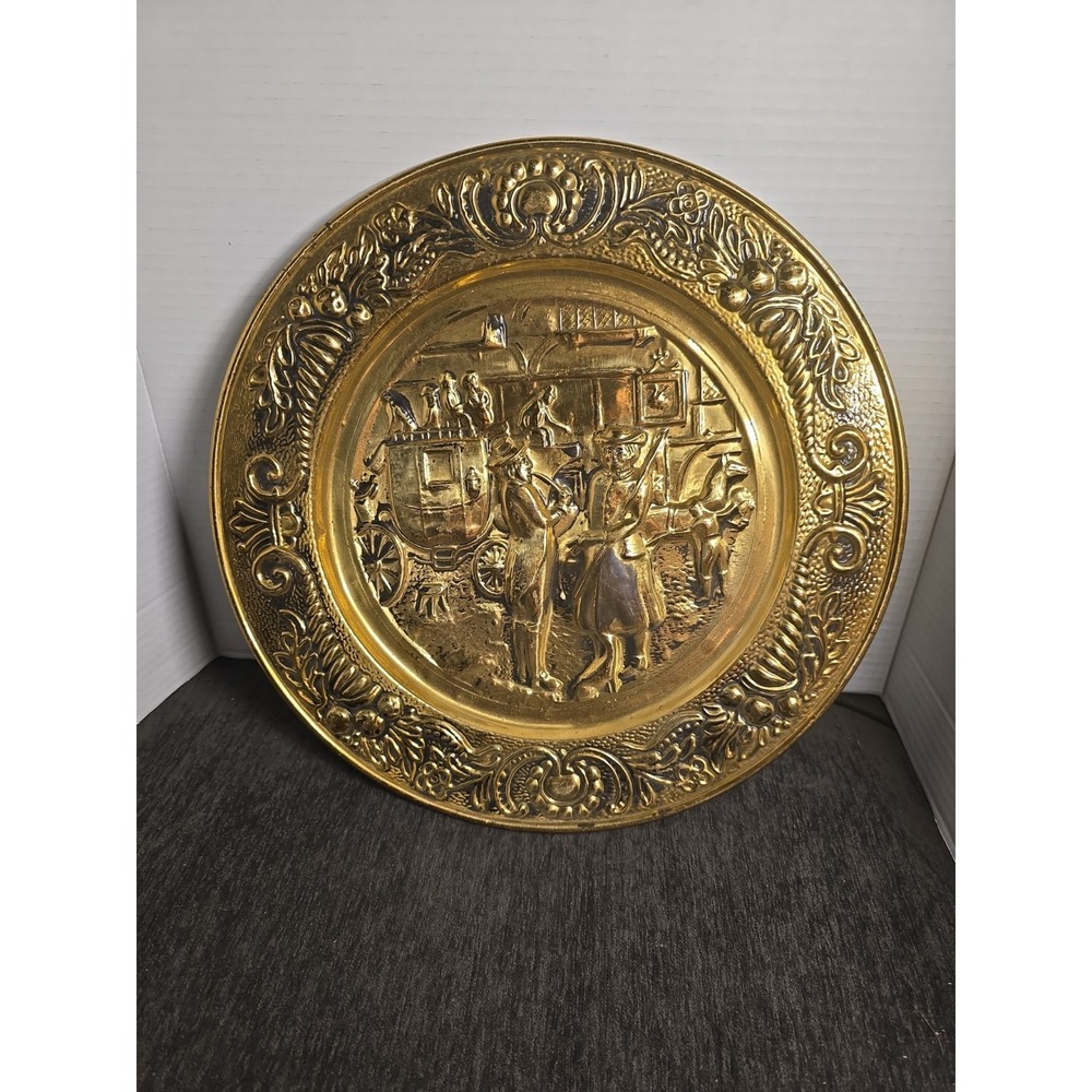Vintage Embossed Brass Wall Hanging Plate 14 Inch‎ Tavern Coaching Scene Plaque